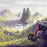 Fantasy krajinomaľba s kráčajúcou horou (2020)